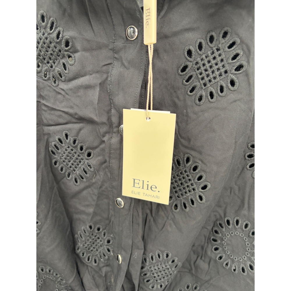 Elie Elie Tahari Black Eyelet Embroidered Tie Front Short Sleeve Shirt NWT - Picture 6 of 9